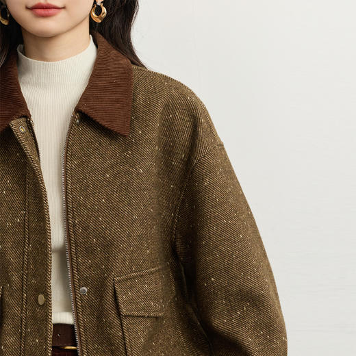 【10/29新品】熙世界复古茶棕花苞夹克羊毛短外套女秋冬巴恩风穿搭撞色翻领上衣 商品图2
