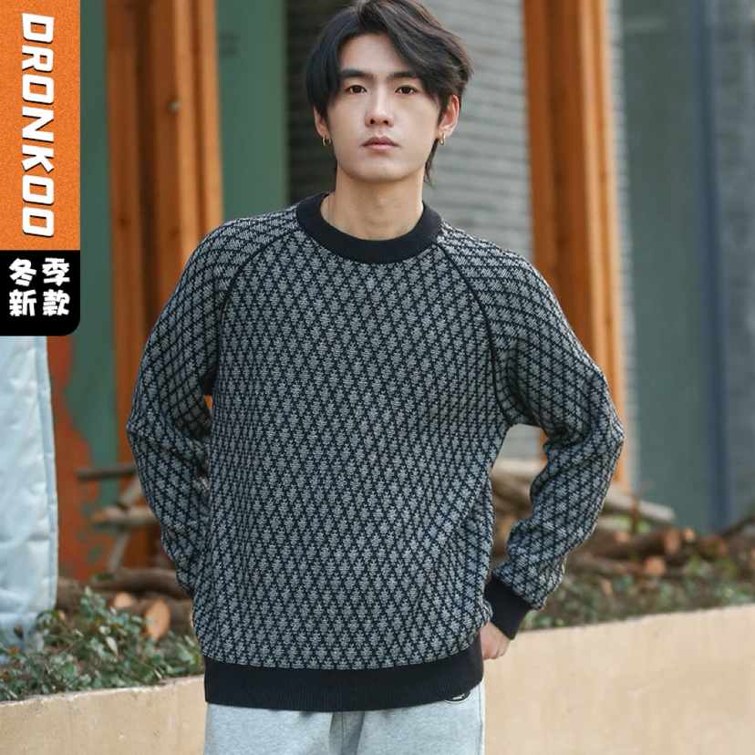 DRONKOO 2025 圆领满幅撞色菱形格提花厚毛衣