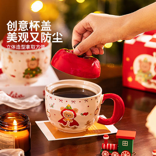 摩登主妇可爱小熊苹果陶瓷马克杯带盖圣诞节礼物高颜值水杯伴手礼咖啡杯子 商品图3