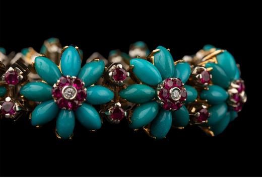 独角鹿西洋古董 1955年代意大利珠宝名坊出品18K黄金镶嵌绿松石红宝石及钻石雏菊造型手链 商品图5