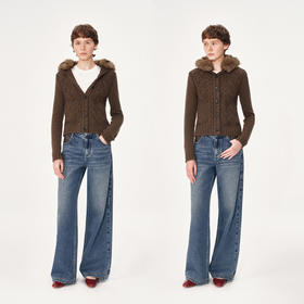 NUTH可拆卸毛领连帽修身短款麻花针织开衫外套女 棕色（发货时间同步天猫）