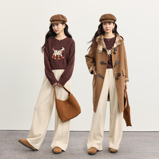 【年货节】熙世界斑点狗提花毛衣女2025秋冬新款慵懒风休闲圆领绵羊毛针织衫 商品图2