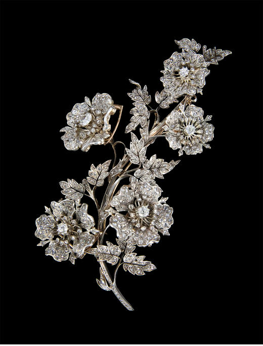 独角鹿西洋古董 1850年代法国出品花卉主题黄金底纯银镶嵌钻石En Tremblant颤动式可拆卸多功能胸针 商品图5