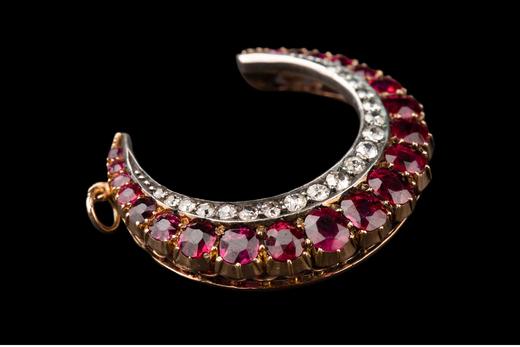 独角鹿西洋古董 19世纪末英国出品黄金底纯银镶嵌红宝石及钻石新月造型吊坠项链 商品图5