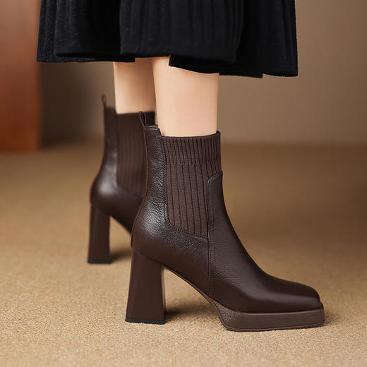 【预售5天】复古真皮防水台高跟弹力靴，粗跟厚底方头针织毛线筒短靴ASN&3122 商品图0