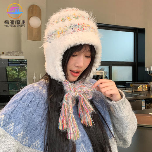 （藤姐同款）【柔软舒适又潮流❗️内里加绒更亲肤】头围52-56cm秋冬保暖彩色雪花绒手工编织系带女韩版可爱针织帽。hb 商品图0