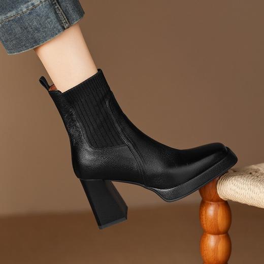 【预售5天】复古真皮防水台高跟弹力靴，粗跟厚底方头针织毛线筒短靴ASN&3122 商品图4