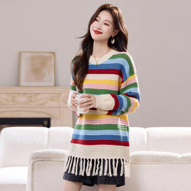 CC 6959彩虹条纹流苏长袖针织连衣裙别致慵懒风上衣