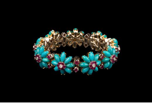 独角鹿西洋古董 1955年代意大利珠宝名坊出品18K黄金镶嵌绿松石红宝石及钻石雏菊造型手链 商品图3