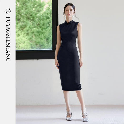 FUYAO扶摇 藏青色时尚套装女国风立领旗袍连衣裙穿搭西装两件套冬 商品图1