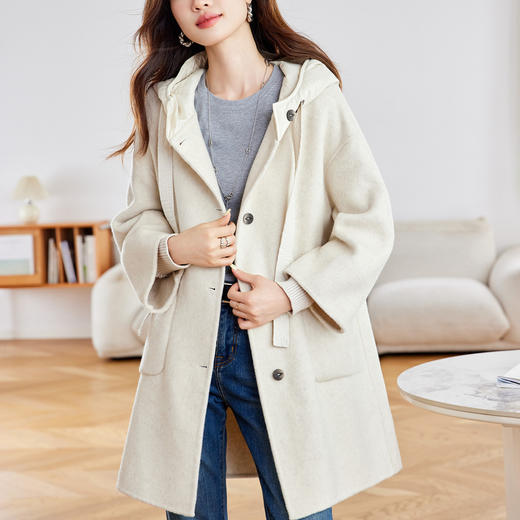 丁摩  毛呢外套中长款连帽高级感上衣女双面羊毛大衣56008 商品图2