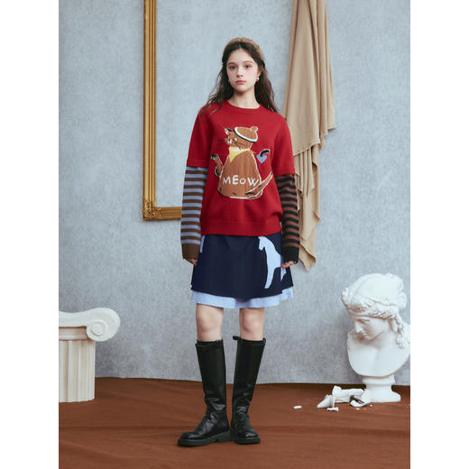 两三事蓝屿拾光2025冬新款格子贴布绣拼布双层裙摆短裙高腰半身裙 商品图2