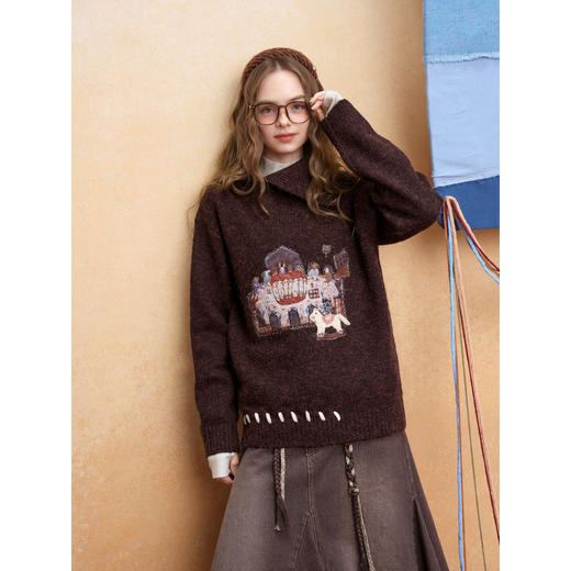 两三事 琥珀余韵 2025年冬季新款针复古贴布绣大翻领套头毛衣女 商品图1