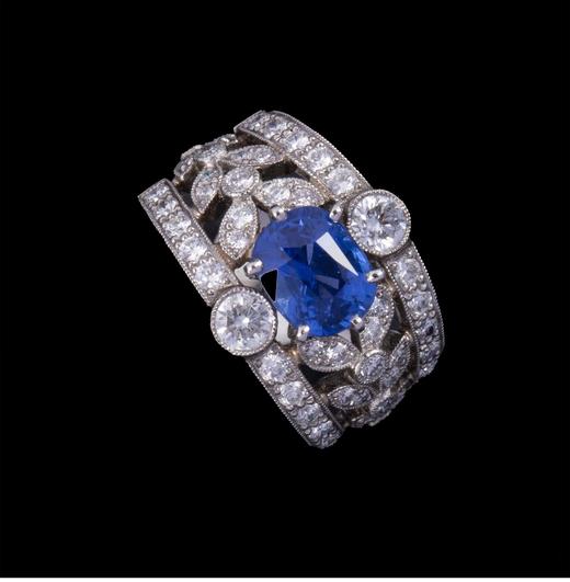 独角鹿西洋古董 20世纪晚期法国出品自然花叶主题铂金镶嵌蓝宝石及钻石戒指 商品图2