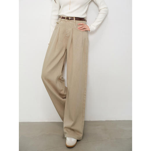 鹿向南「步履生花」高腰卡其牛仔裤女秋装宽松阔腿裤复古直筒长裤 商品图3