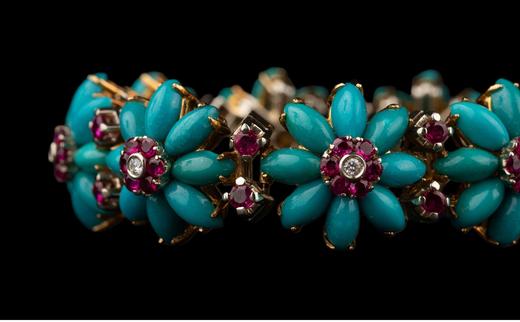 独角鹿西洋古董 1955年代意大利珠宝名坊出品18K黄金镶嵌绿松石红宝石及钻石雏菊造型手链 商品图4