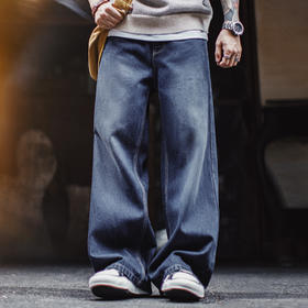 马登工装美式复古水洗弯刀牛仔裤丹宁阔腿垂感拖地休闲长裤子男秋