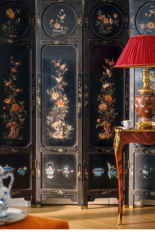 【已售】独角鹿西洋古董 20世纪中国出品博古花鸟主题百宝嵌双面六曲屏风 商品图1