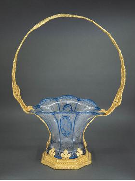 独角鹿西洋古董 19世纪末法国出品新艺术风格昆虫花叶主题铜鎏金精雕装饰蓝色蚀刻水晶花篮