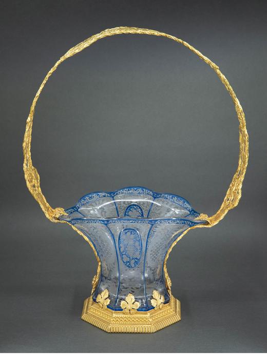 独角鹿西洋古董 19世纪末法国出品新艺术风格昆虫花叶主题铜鎏金精雕装饰蓝色蚀刻水晶花篮 商品图0