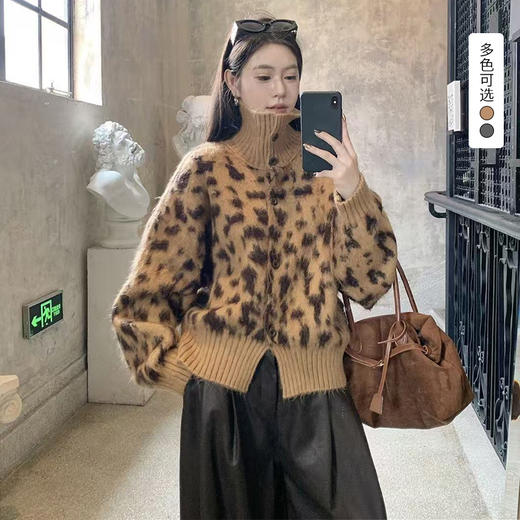 西遇立领针织开衫女冬季新款设计感洋气豹纹开叉毛衣外套SS051736 商品图0