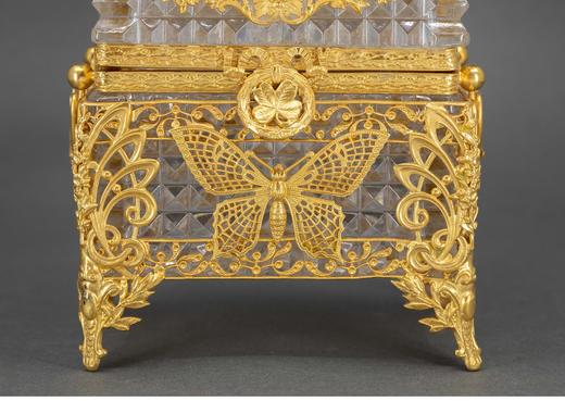 独角鹿西洋古董 19世纪末法国出品新艺术风格蝴蝶花叶主题铜鎏金精雕装饰水晶珍宝盒 商品图5