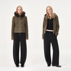 NUTH深灰色羊毛混纺松紧腰抽绳直筒休闲裤女