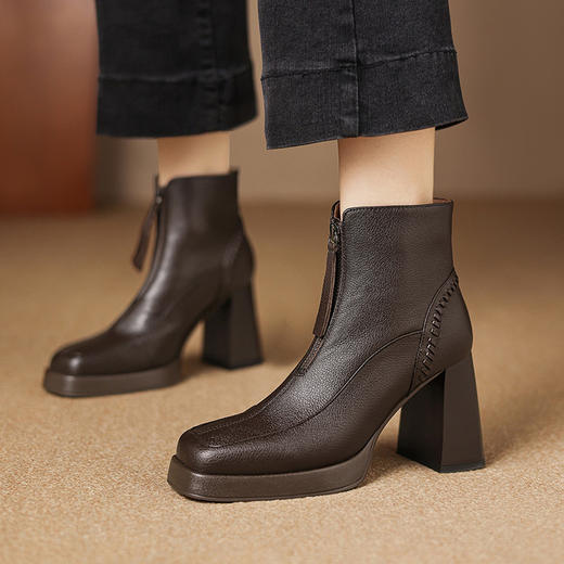 【预售5天】前拉链厚底超高跟短靴，真皮方头加绒马丁靴百搭瘦瘦靴ASN&3097 商品图4