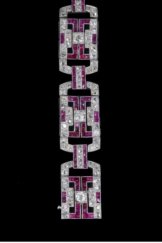 独角鹿西洋古董 1915年代法国出品装饰艺术风格铂金镶嵌红宝石及钻石手链 商品图4