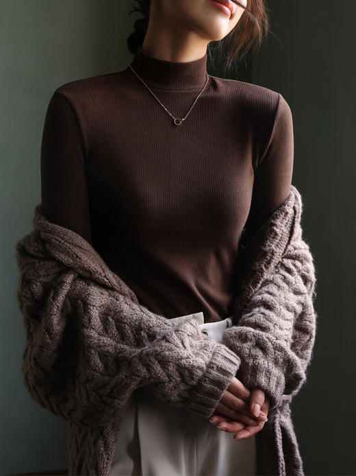 新款德绒螺纹半高领长袖打底衫女士内搭秋冬季正肩t恤中领上衣FS1654 商品图2