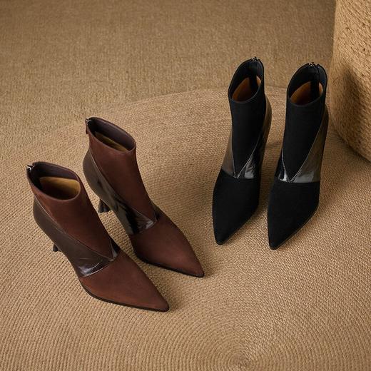 【预售5天】真皮短靴细跟尖头拼接，高跟时装靴气质磨砂皮马丁靴QS&763 商品图4