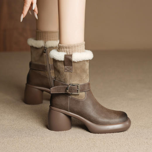 【预售5天】冬季新款时尚粗跟时装靴英伦风黑色高跟小短靴增高显瘦女靴子MLD&AM828 商品图0