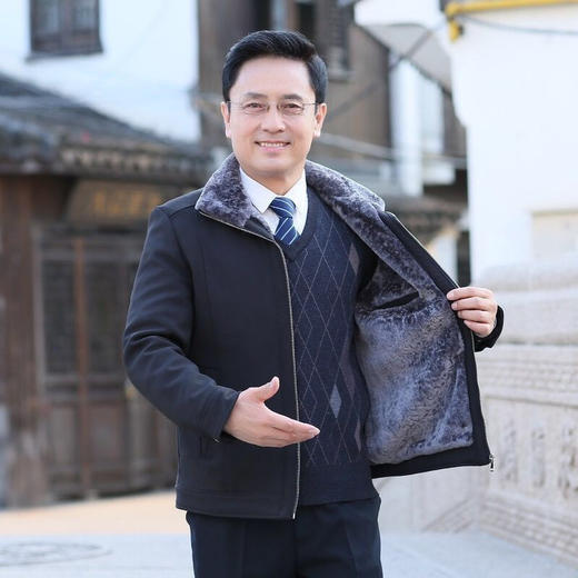 秋冬男士夹克外套男冬天爸爸装中老年男装外贸棉服男布毛一体加绒休闲棉衣服 商品图1