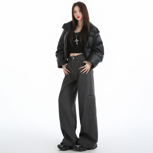 西遇灰色加绒工装裤女2025年冬季新款高腰宽松垂感直筒休闲裤SS051717 商品图1