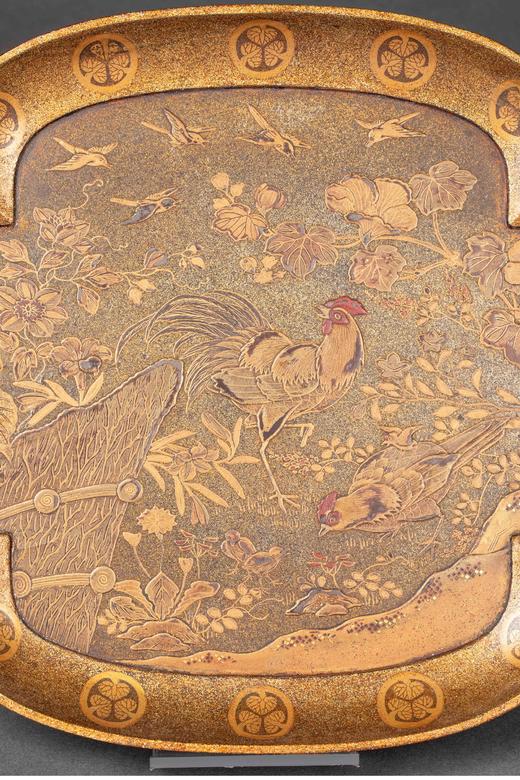 独角鹿西洋古董 19世纪末日本明治时期梶川政春签名出品雄鸡飞鸟主题金漆梨地莳绘赏盘 商品图2