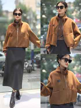 588282拉链抽绳羊绒短款大衣外套