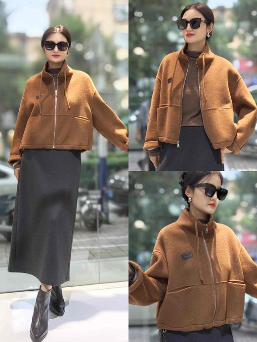 588282拉链抽绳羊绒短款大衣外套 商品图0