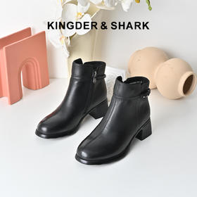 经典鲨2025年冬季专柜新款百搭圆头黑色加绒加厚中粗跟通勤短靴女KD29-558081