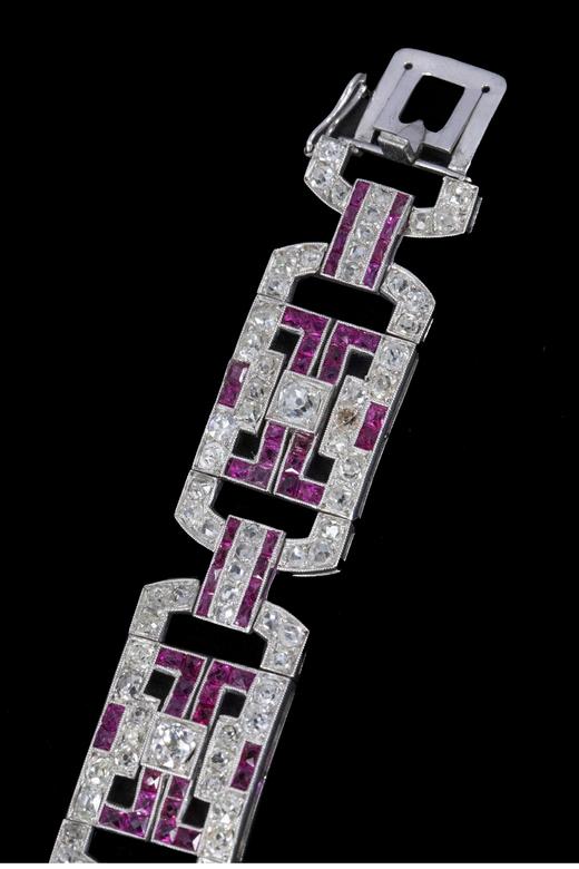 独角鹿西洋古董 1915年代法国出品装饰艺术风格铂金镶嵌红宝石及钻石手链 商品图5