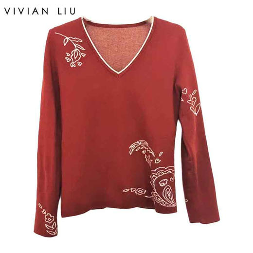 VIVIAN LIU薇薇安刘F2556301秋季女装新款v领提花修身毛衣 商品图0