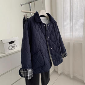 复古藏青色！2025翻领棉服外套女通勤百搭显白秋冬保暖菱格夹棉上衣！