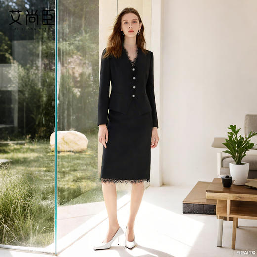 艾尚臣黑色西装套装秋冬职场干练气质女装正式场合职业套裙两件套 商品图0