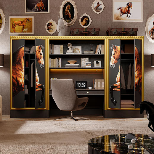 墨喜梦宝骐高定黑金骏马衣柜新古典洛可可刺绣图像实木双门柜 商品图2