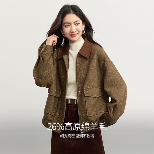 【10/29新品】熙世界复古茶棕花苞夹克羊毛短外套女秋冬巴恩风穿搭撞色翻领上衣 商品图3