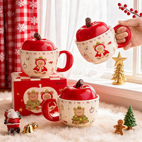 摩登主妇可爱小熊苹果陶瓷马克杯带盖圣诞节礼物高颜值水杯伴手礼咖啡杯子