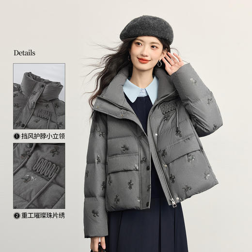 【10/29新品】熙世界灰色珠片绣短款羽绒服女冬2025新款千金风保暖立领鸭绒外套 商品图1