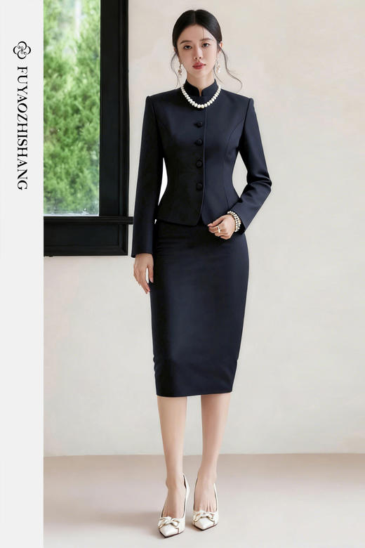 FUYAO扶摇 藏青色时尚套装女国风立领旗袍连衣裙穿搭西装两件套冬 商品图5