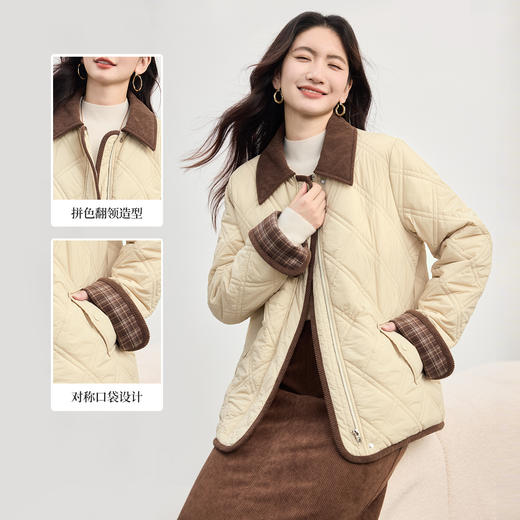 【年货节】熙世界巴恩风翻领菱格棉服外套女2025年新款冬季通勤休闲保暖棉衣 商品图1