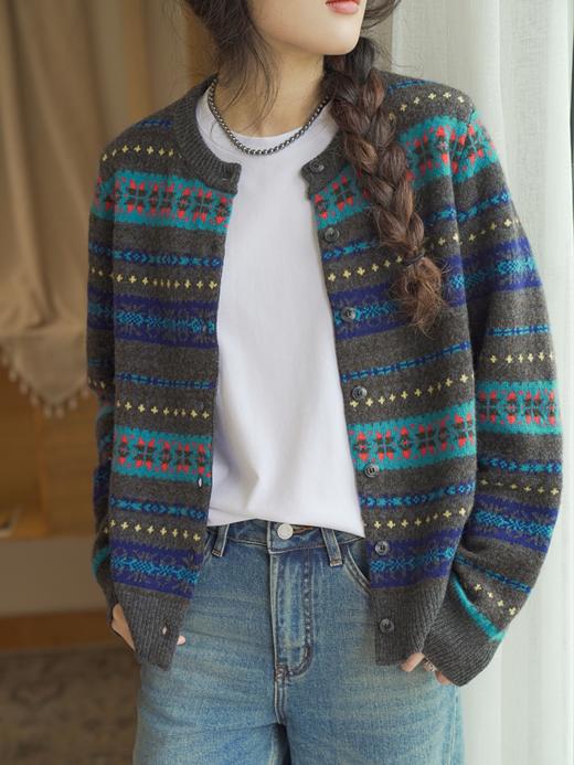 费尔岛100%绵羊毛圆领撞色提花开衫FCF3WSC129 商品图0