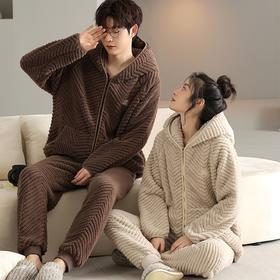 雀说 法兰绒提花连帽拉链款加厚加绒情侣睡衣